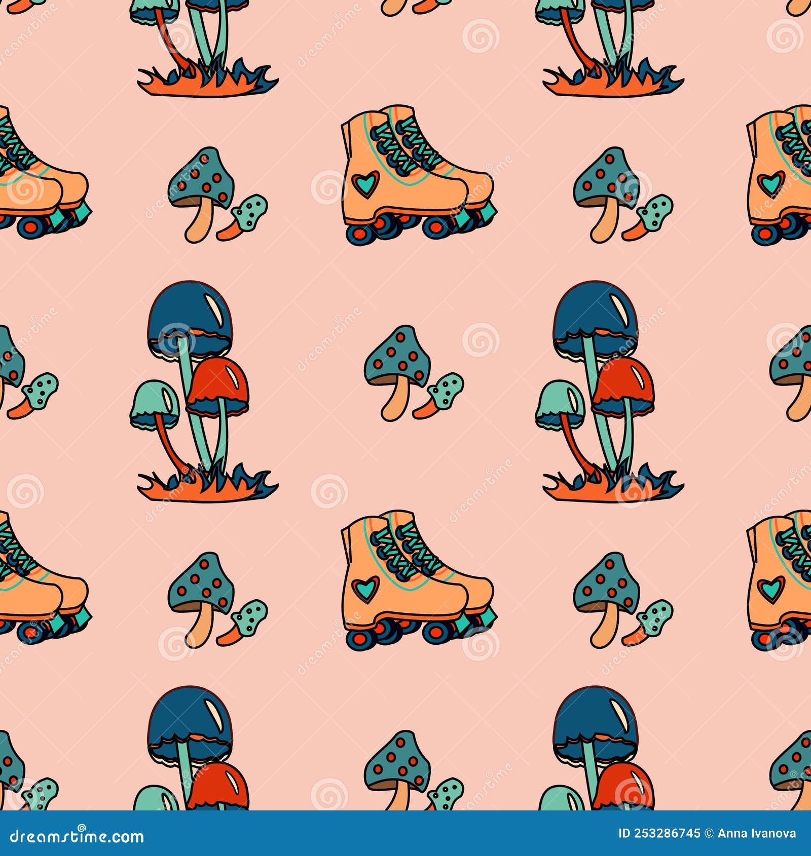 1970 Groovy Trippy Seamless Pattern with Different Mushrooms and Roller