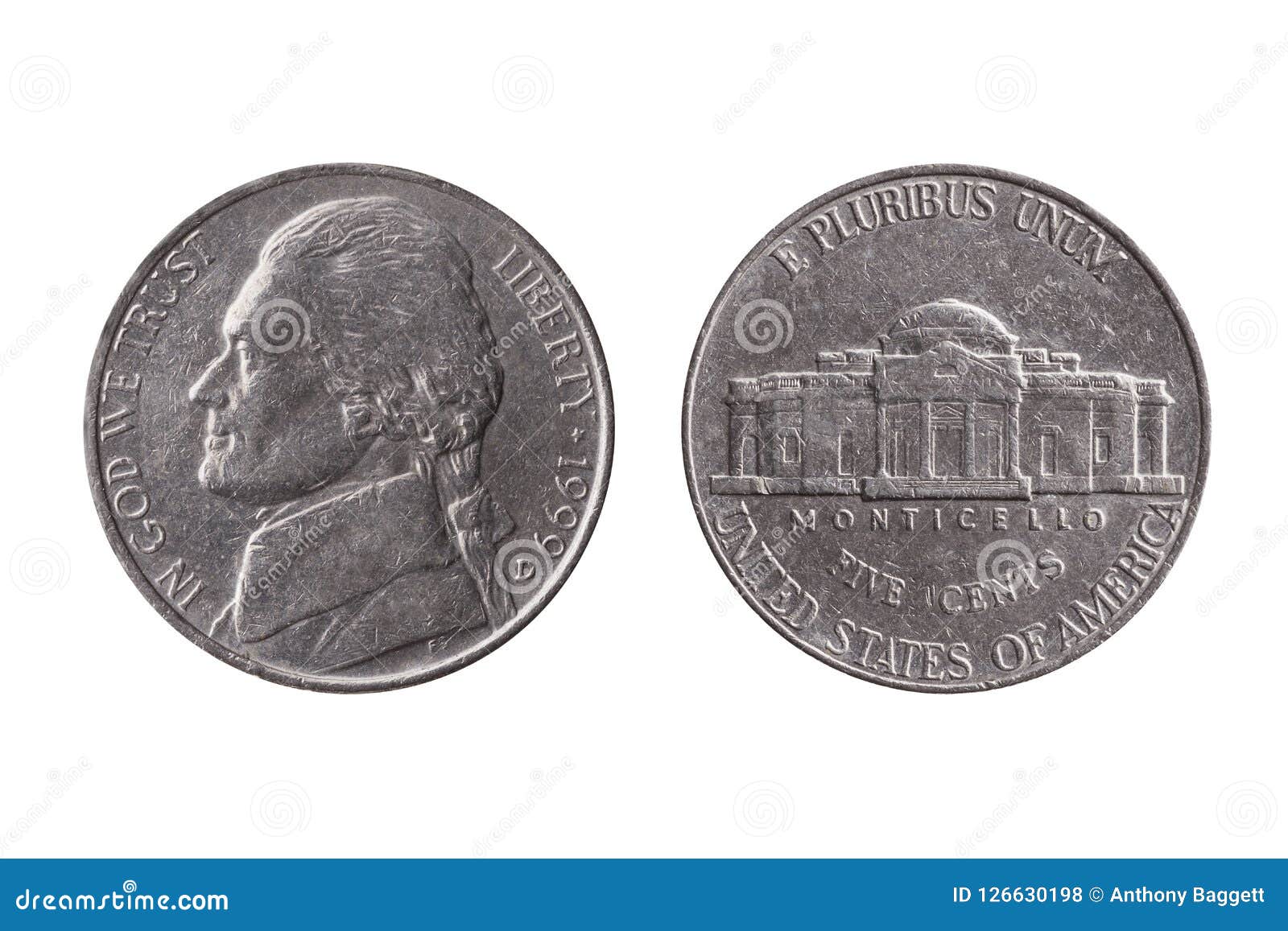 Groschen-Nickelmünze USA halbe 25 Cents mit einem Porträtbild von Thomas Jefferson-Gegenstücck und von Montecello-Rückseite herausgeschnitten und auf einem weißen Hintergrund lokalisiert