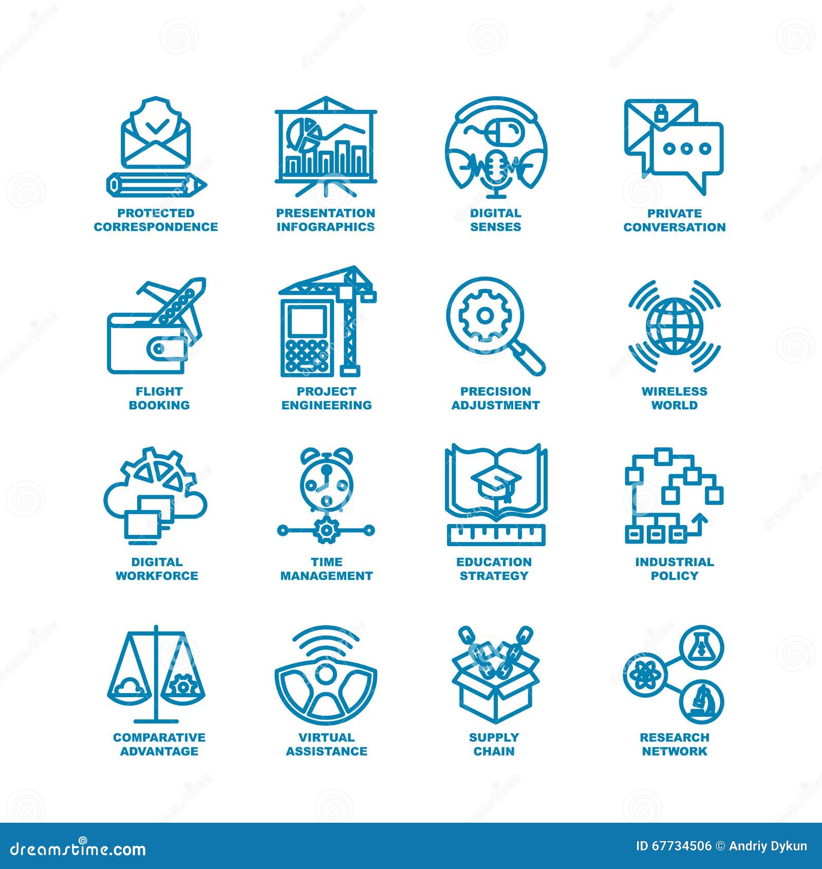 Grosse ligne ensemble d'affaires d'icône. Branche d'activité icônes Éléments modernes de réseau de recherches, chaîne d'approvisionnements, aide virtuelle, politique industrielle, stratégie d'éducation, gestion du temps, main d'oeuvre numérique, ingénierie de projet