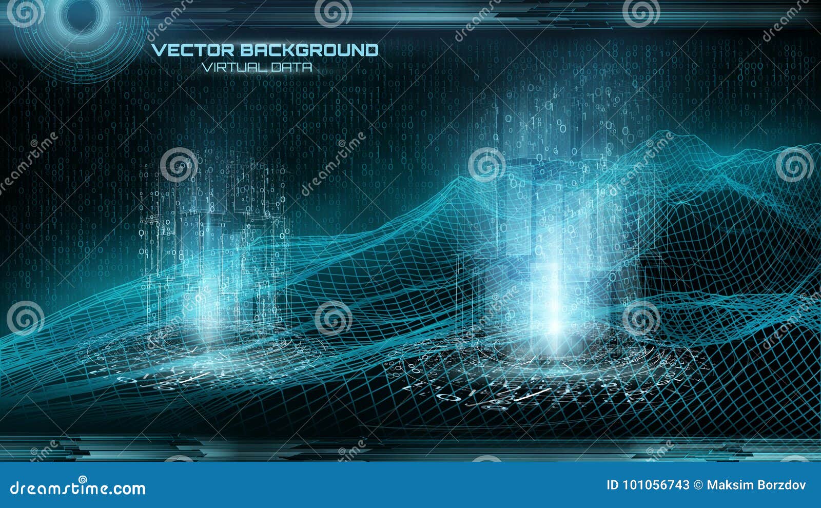 Grote gegevensvisualisatie Cyberspace landschap Binaire code Virtuele voorwerpen Retro stijl Futuristische Achtergrond HUD-element