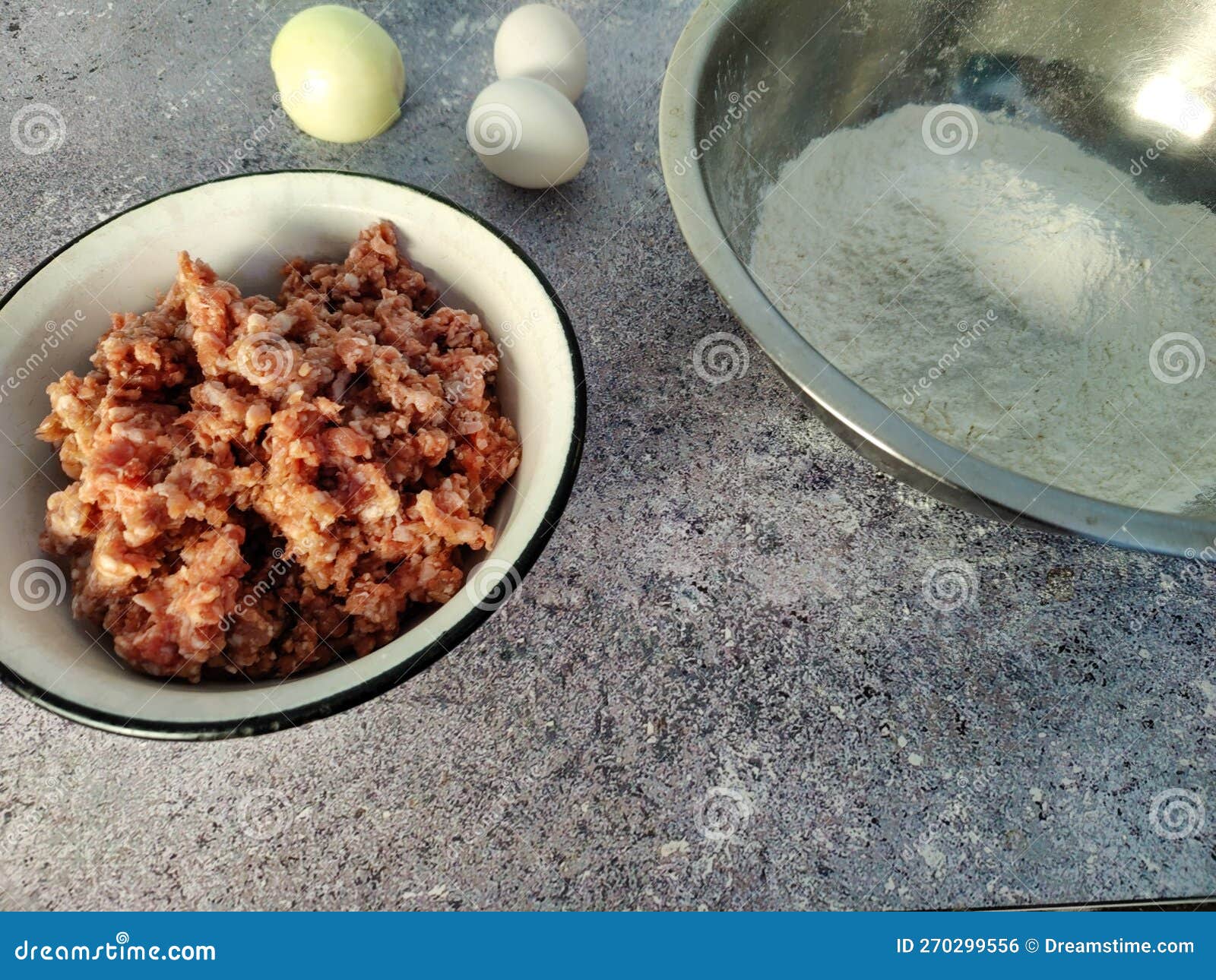 Ground Beef, Eggs, Onions and Wheat Flour. Ingredients for Making