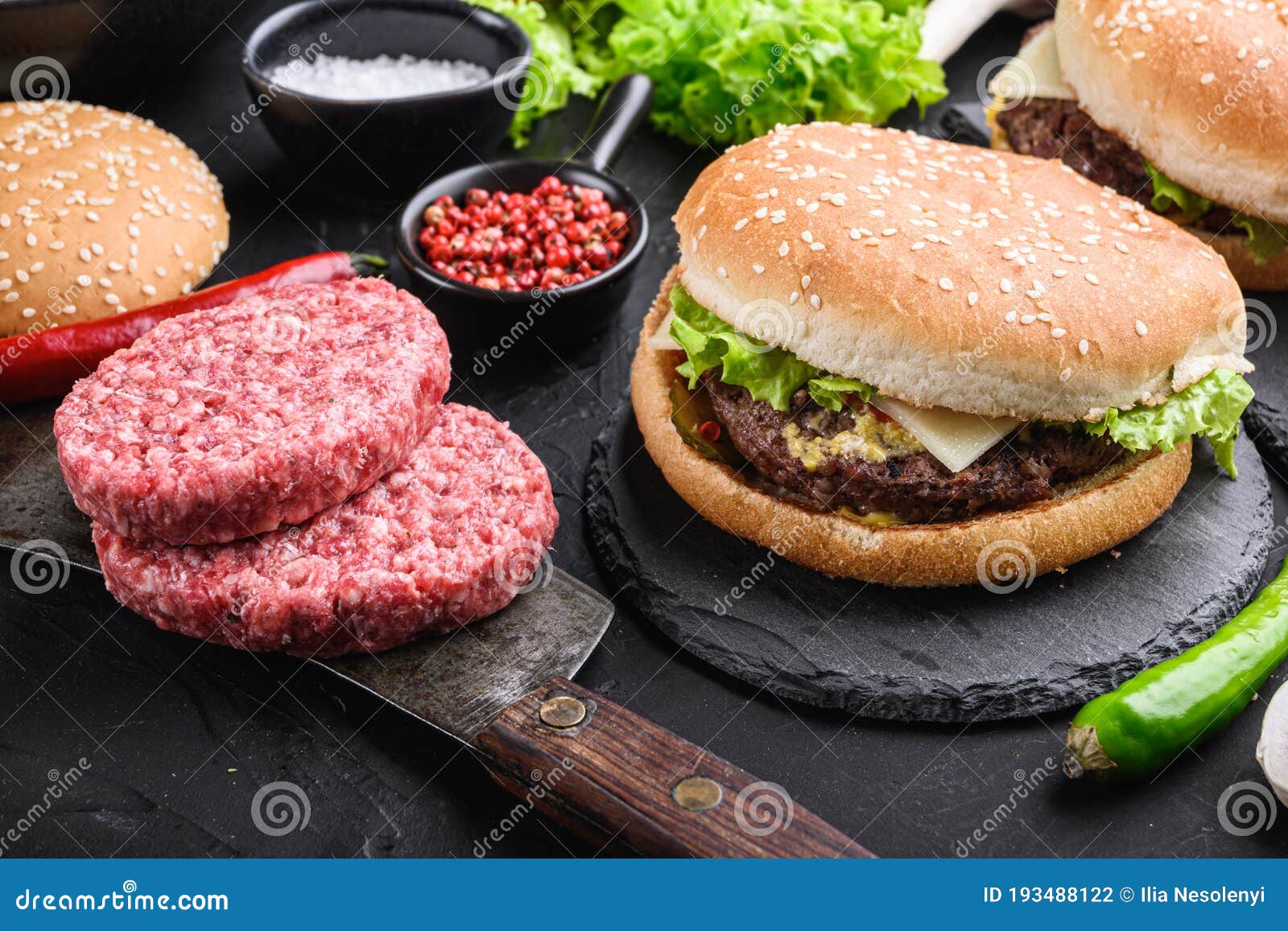 Ground Beef Steaks for Home Made Burger on Black Textured Background Stock Photo Image of