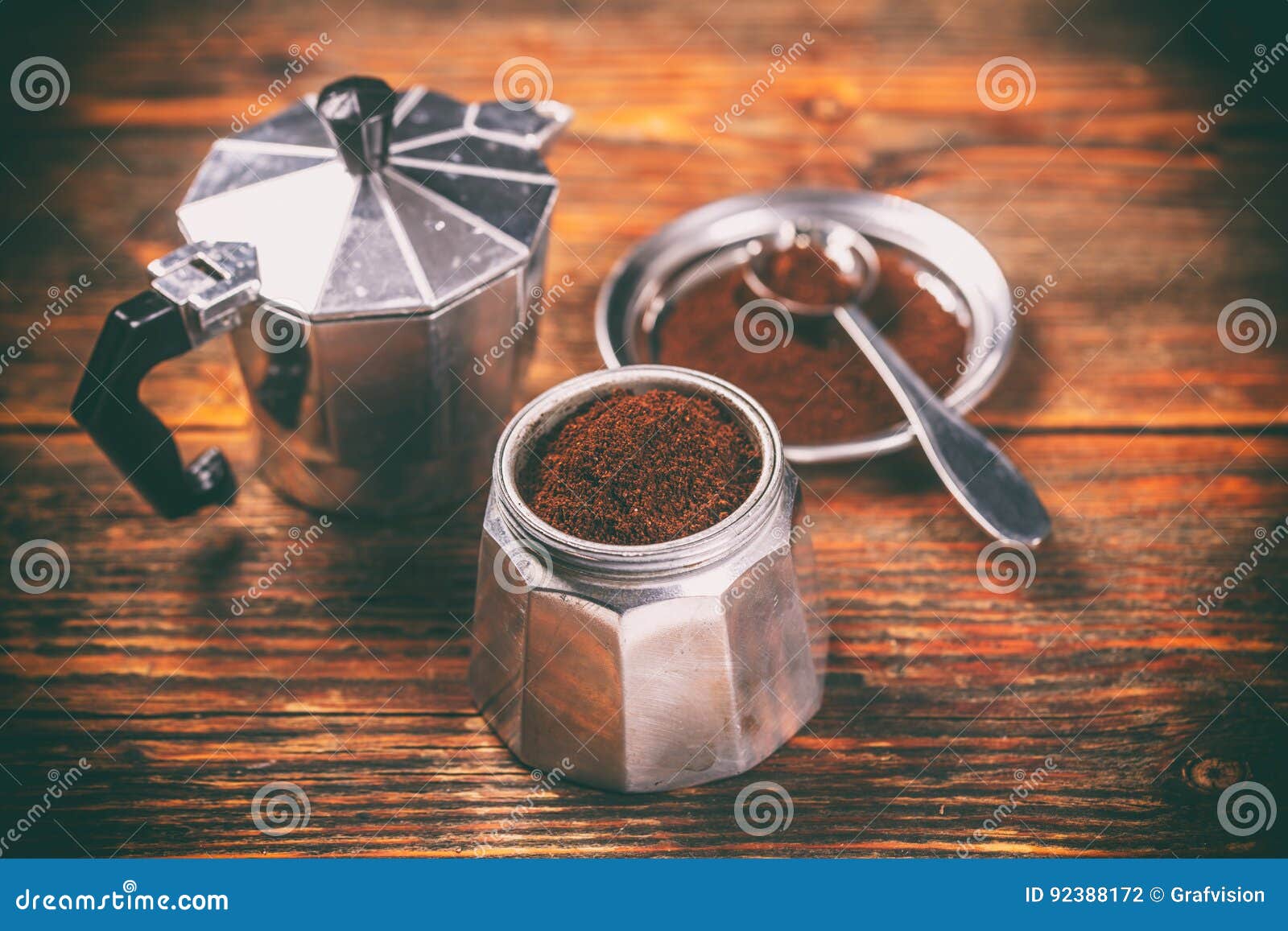 Ground coffee and moka pot stock photo. Image of traditional 92388172