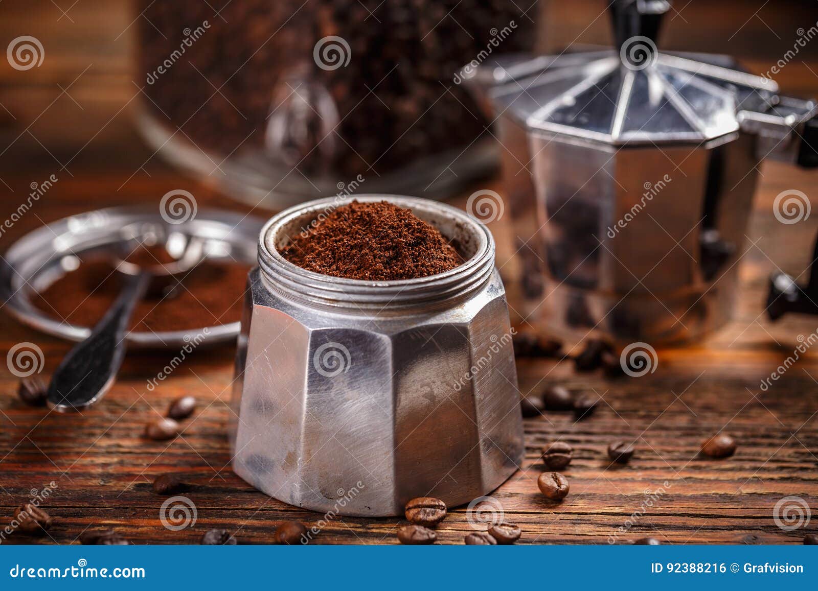 ground coffee and moka pot