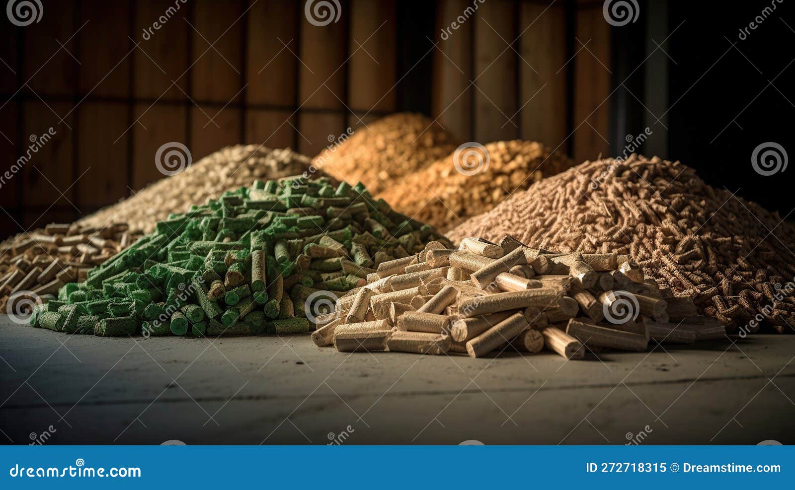 The Ground Level Stack of Compressed Wood Pellets and Chopped Firewood. Generative Ai Stock