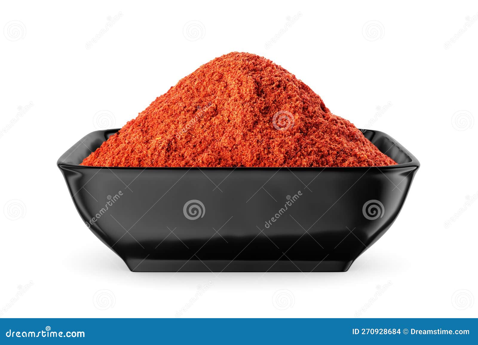 Ground Red Pepper in Black Square Bowl Isolated on White. Front View