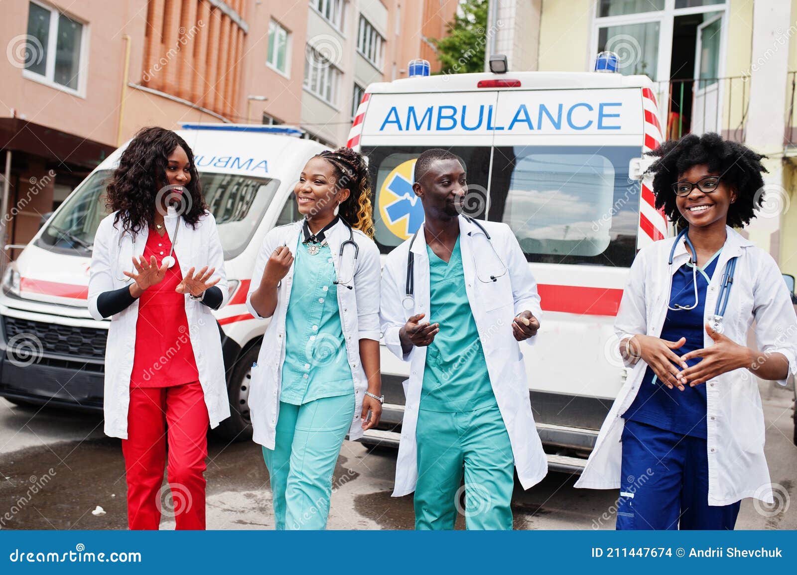 Group of African Paramedic Ambulance Emergency Crew Doctors. Stock