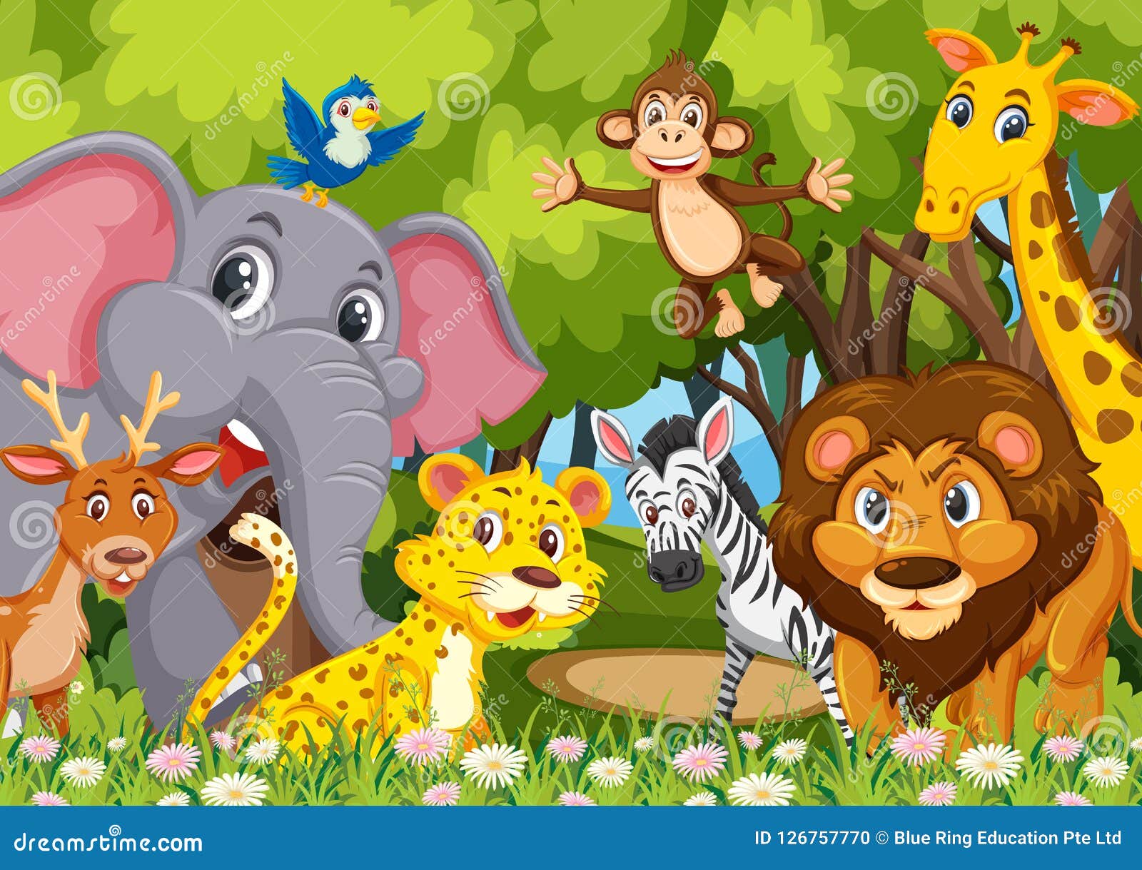 Group of animals in jungle stock vector. Illustration of lion - 126757770