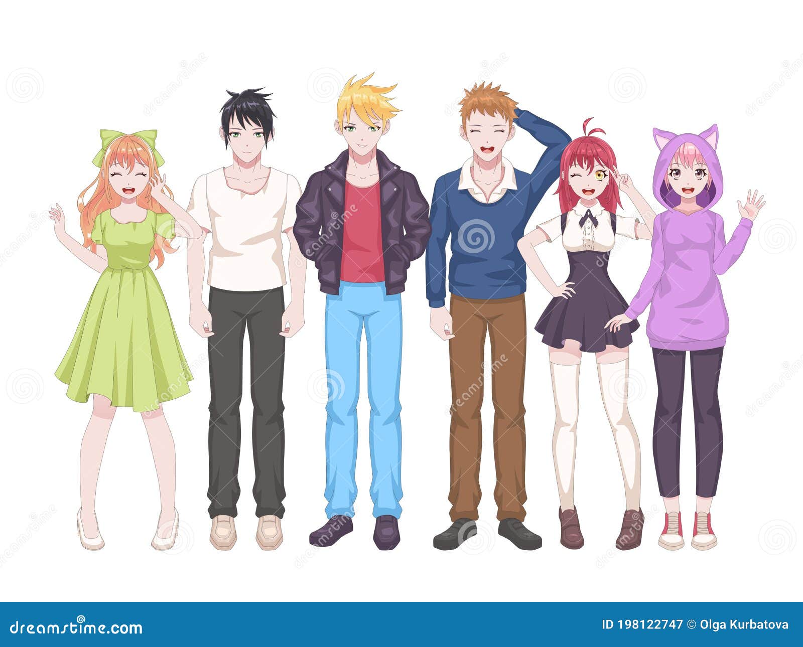 group anime characters. manga girls and boys, kawaii asian teens in casual japanese or korean cosplay clothes. smiling