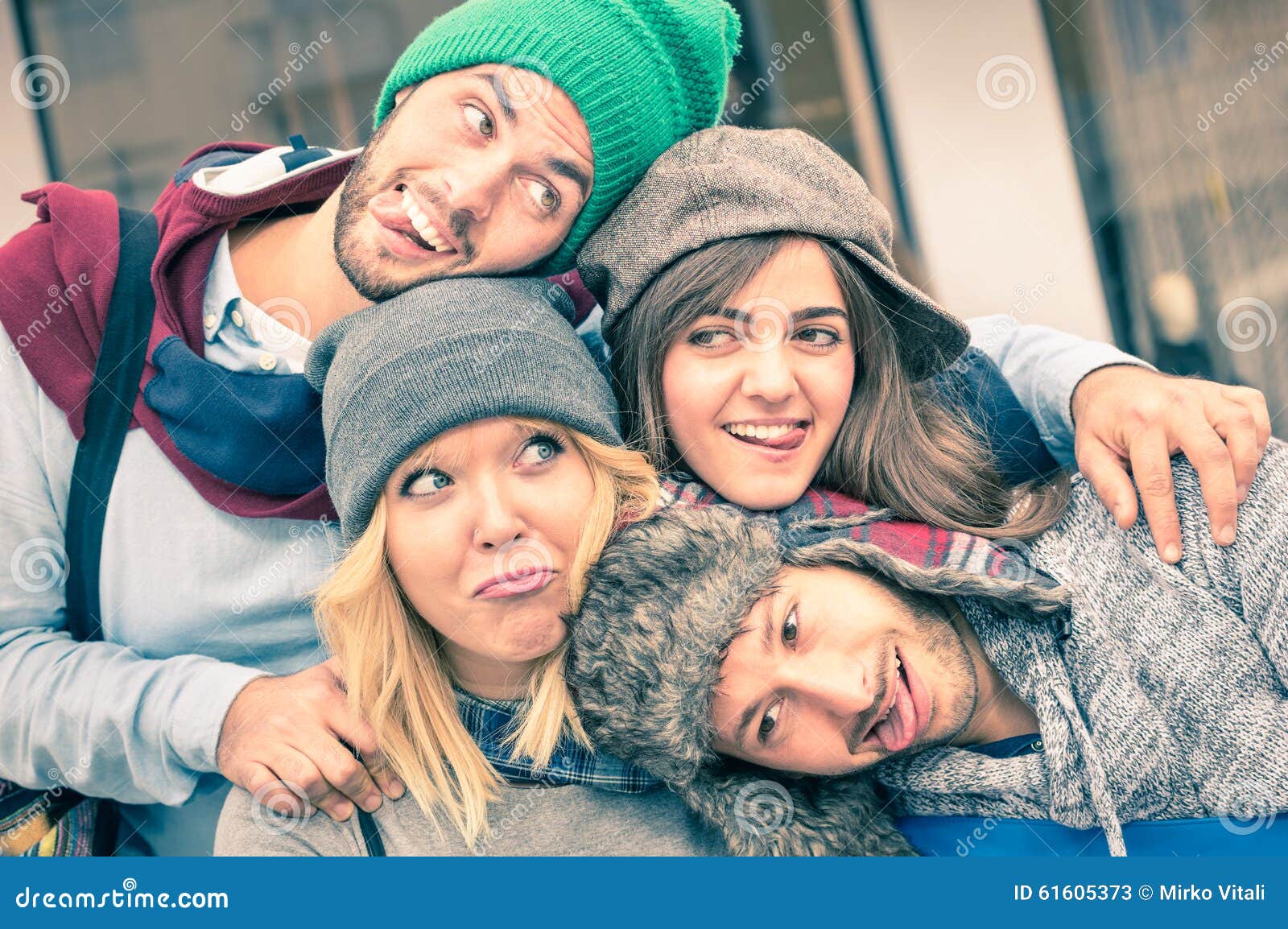 Group Of Best Friends Taking Selfie Outdoors With Funny Group Of Best Friends Taking Selfie Outdoors With Funny