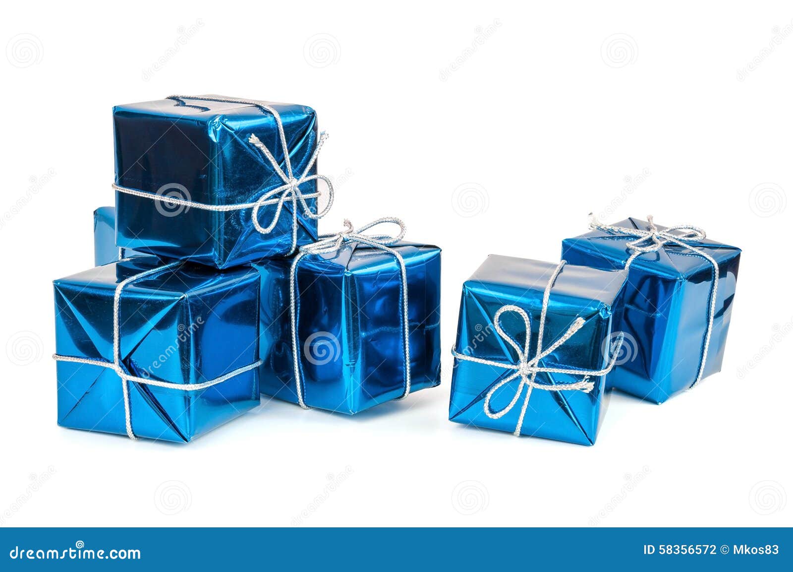 Group Of Blue Gift Boxes With Silver Ribbons Stock Photo - Image: 58356572