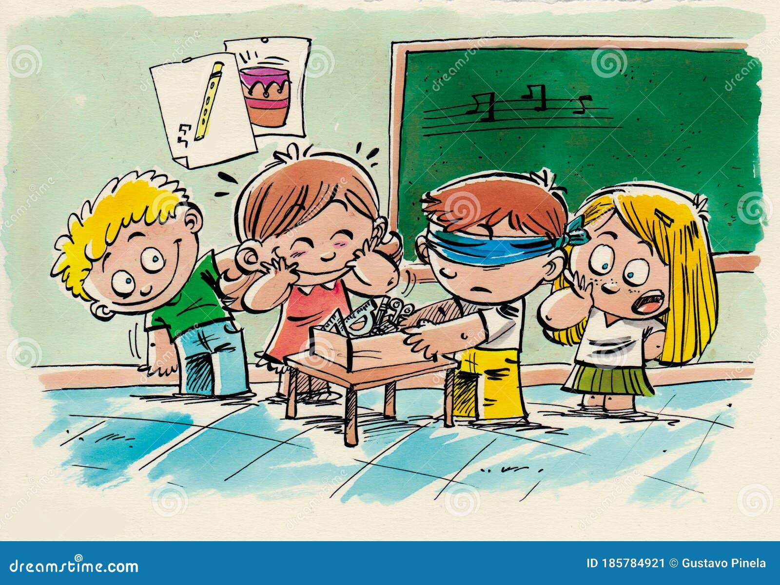 group of boys and girls playing in a music classroom