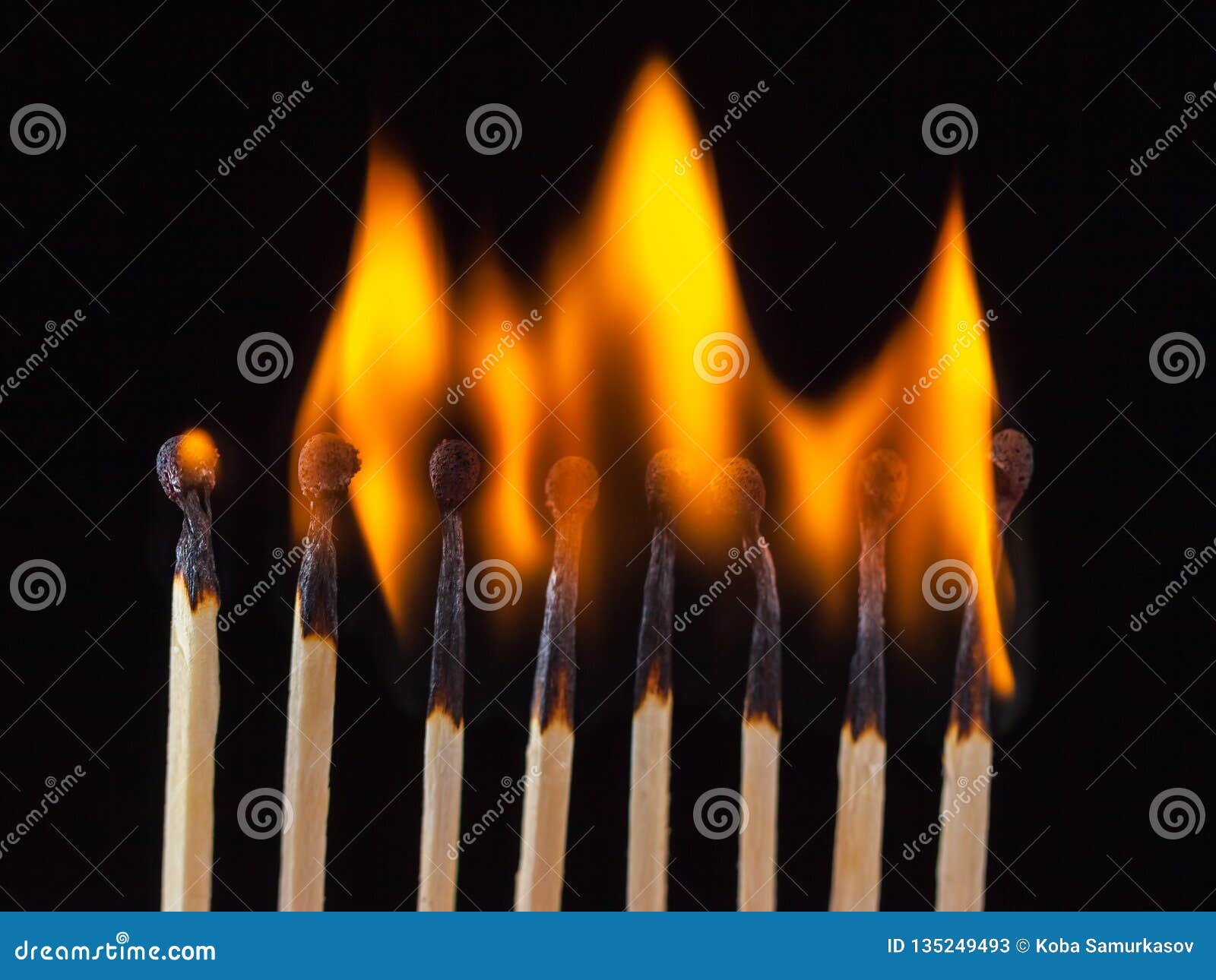 Group of Burn and Unburned Matches, Isolated on Black Background Stock