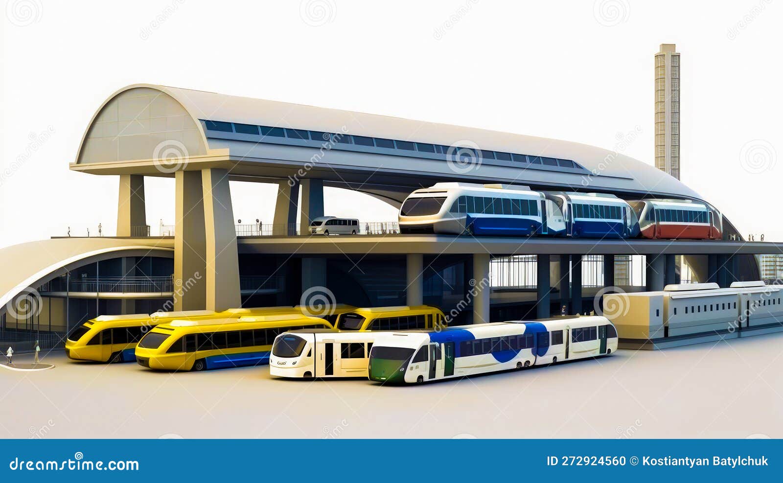Group of Buses Parked in Front of Train Station. Generative AI Stock