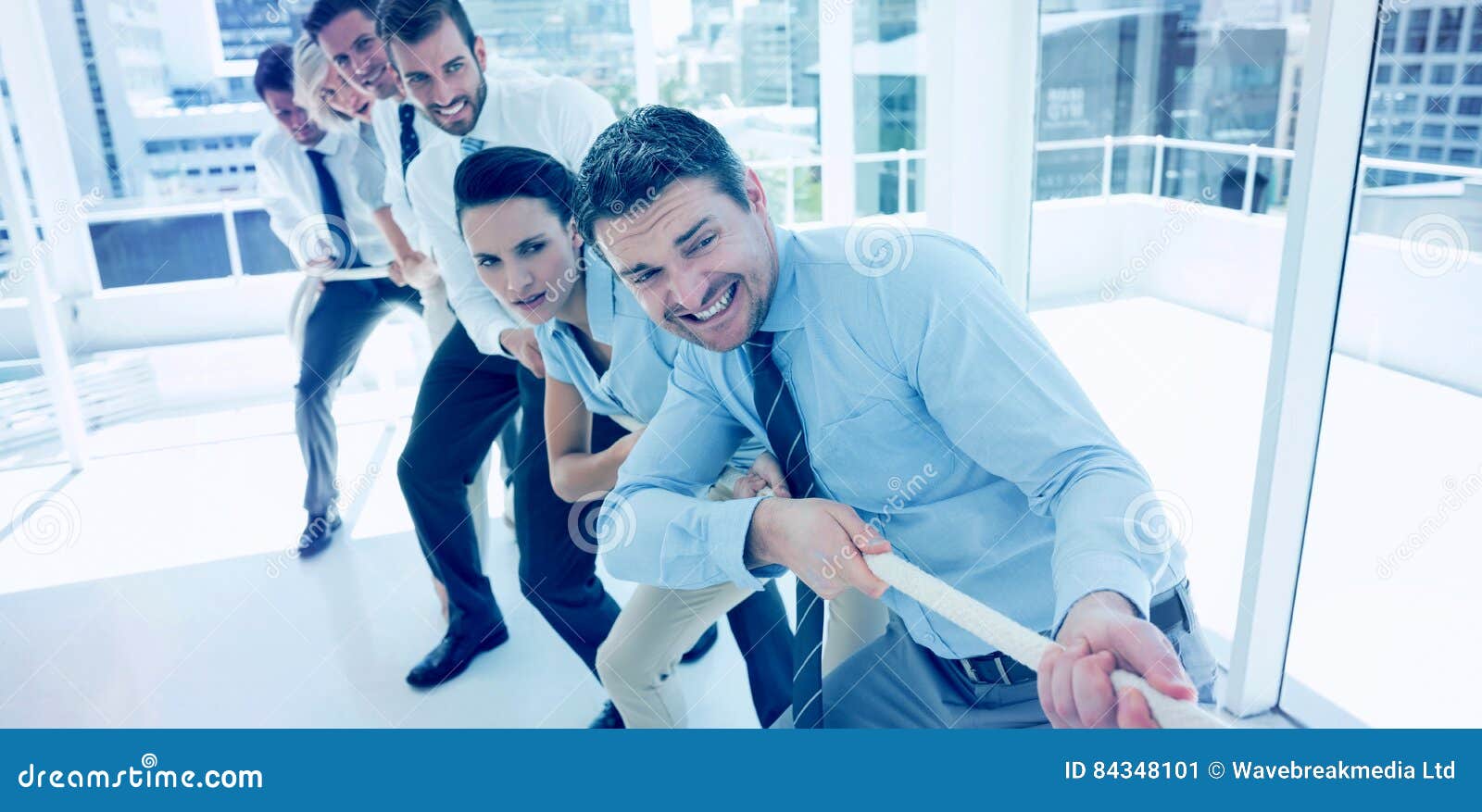 Group of Business People Pulling Rope in Office Stock Illustration