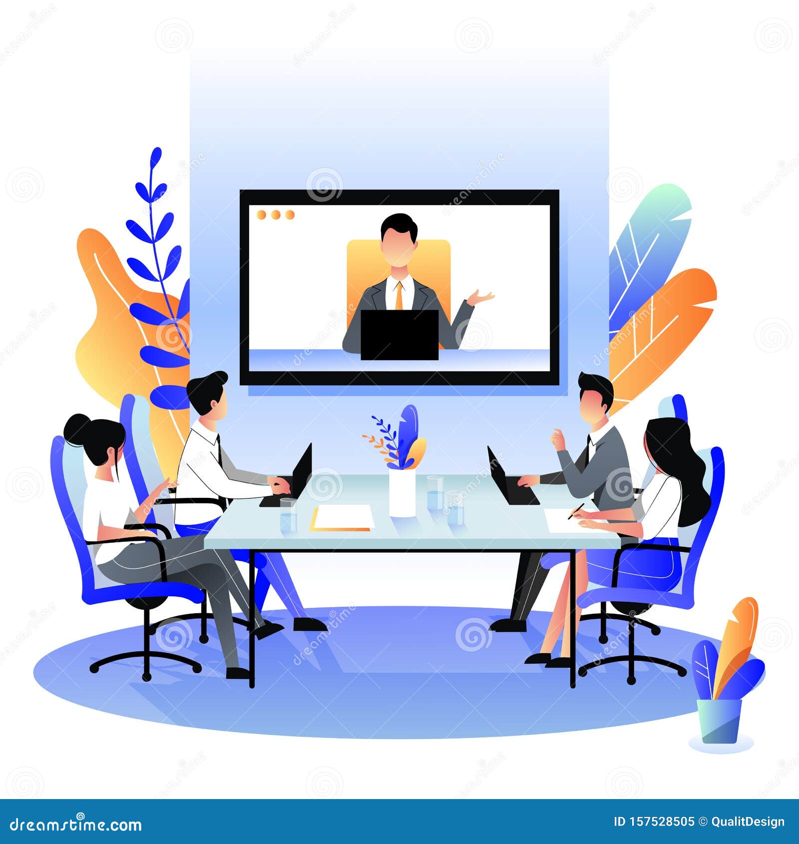 Group of Businesspeople at the Video Conference Call. Vector Flat Cartoon  Illustration. Online Meeting with Director Stock Vector - Illustration of  executive, boardroom: 157528505