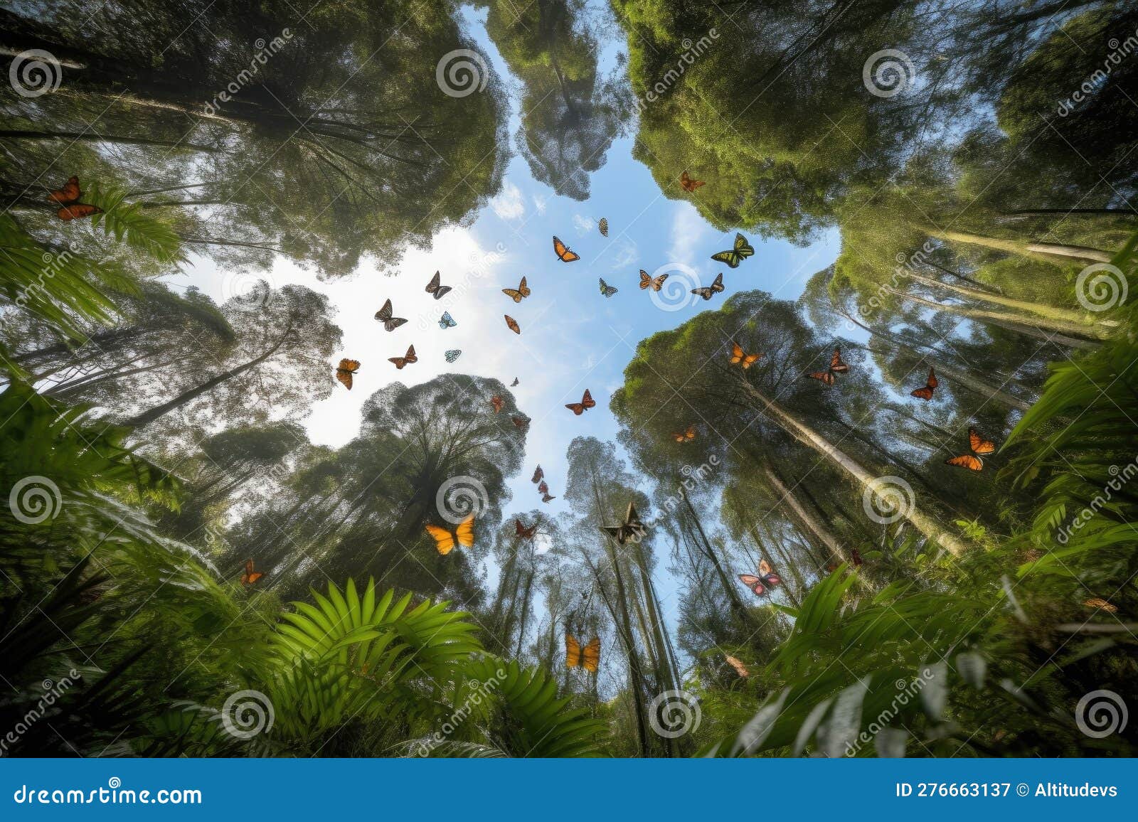 Group of Butterflies Flying in Formation Above Lush Forest Stock Image