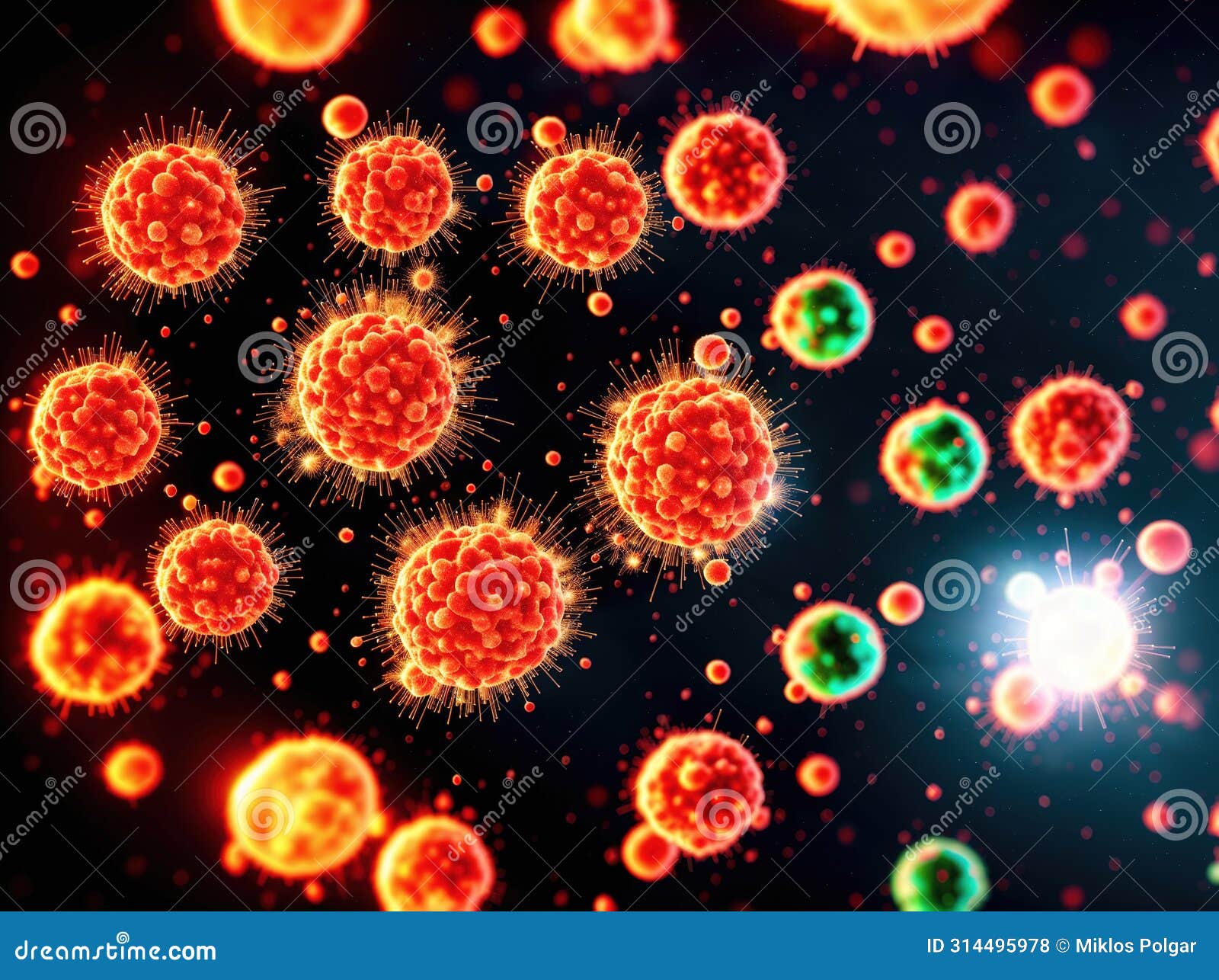 a group of cancer cells, each with a nucleus and cytoplasm.