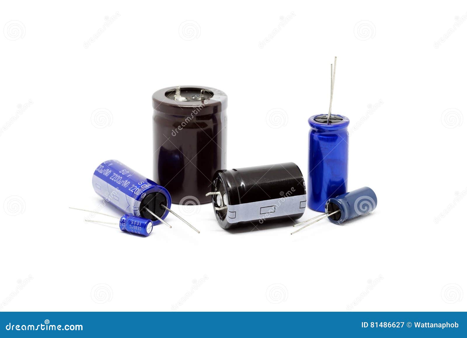 Group of capacitors different sizes isolated on white background.