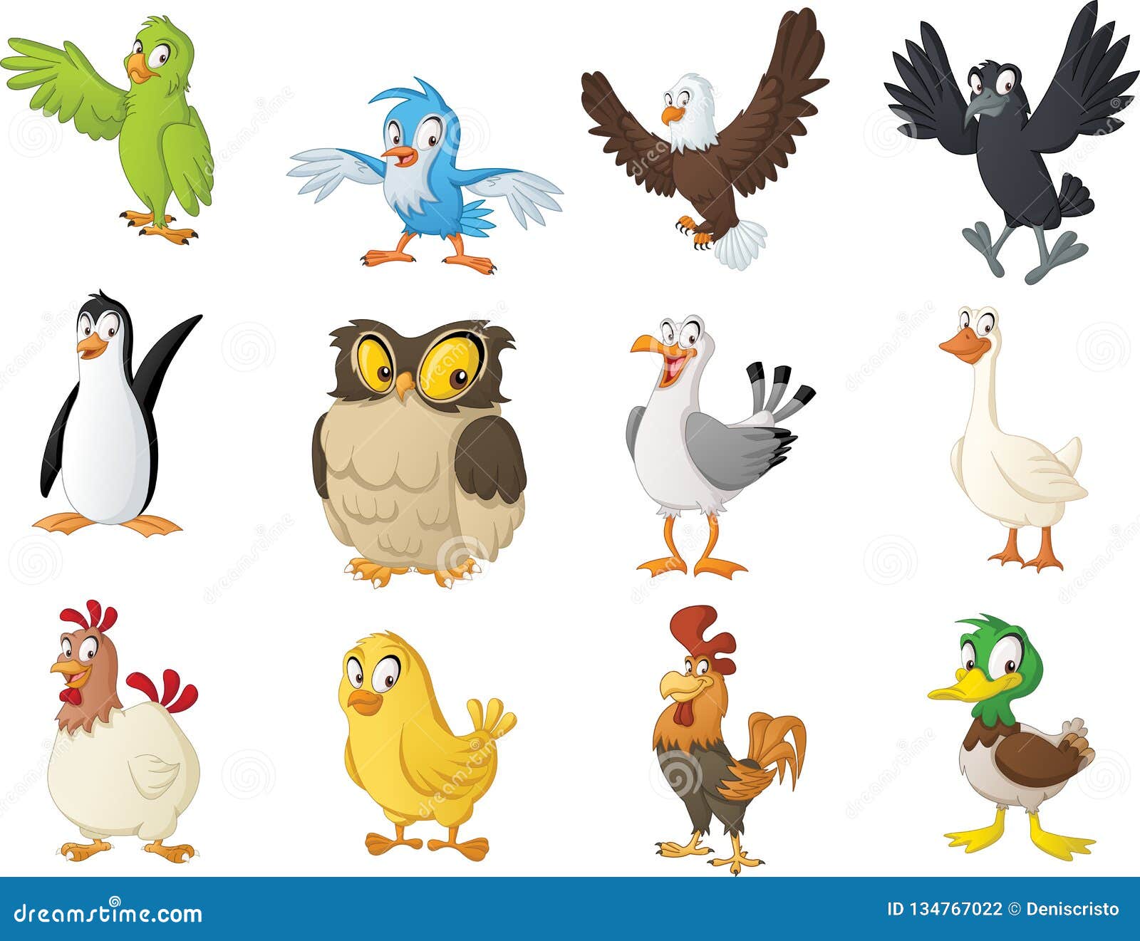 group of cartoon birds.   of funny happy animals.