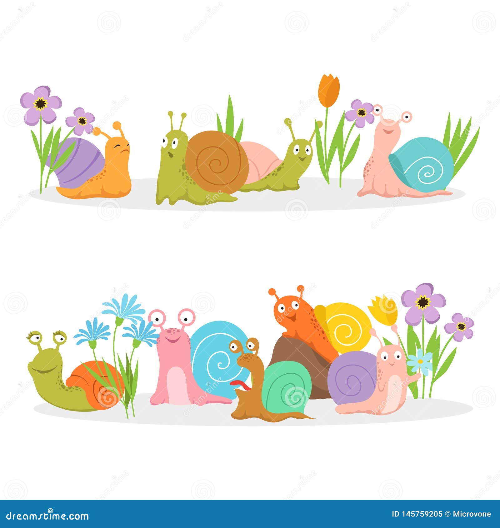 Group of Cartoon Character Snails with Flowers Stock Vector