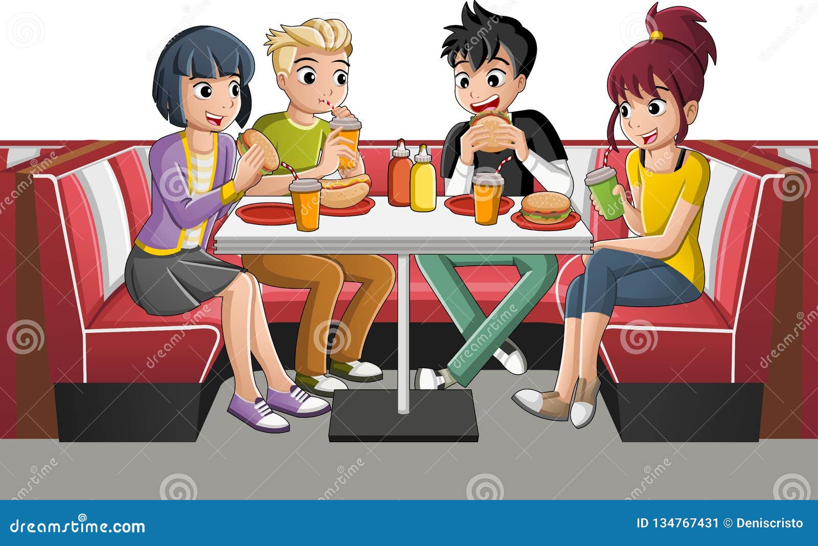 Group of Cartoon Teenagers Eating Junk Food at Diner Table. Stock Vector -  Illustration of eating, teenagers: 134767431