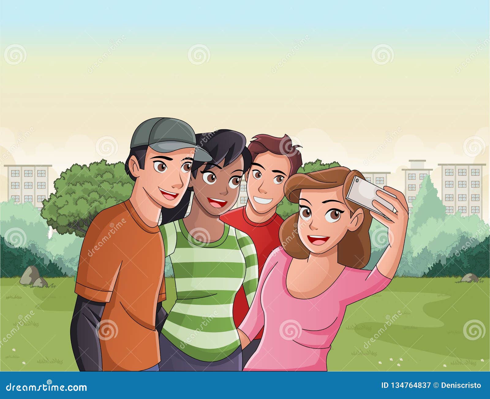 Group of Cartoon Young People Taking Selfie Photo in the Park. Stock Vector  - Illustration of phone, cute: 134764837