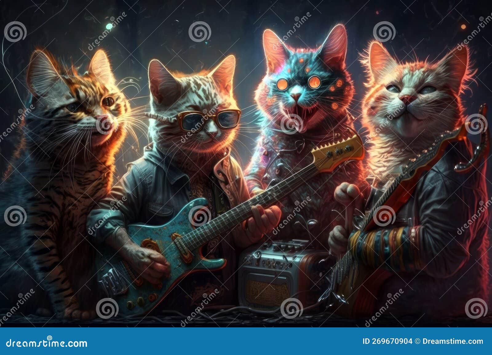 Group of Cats with Guitars Playing Music. Generative AI Stock Photo Image of backgrounds