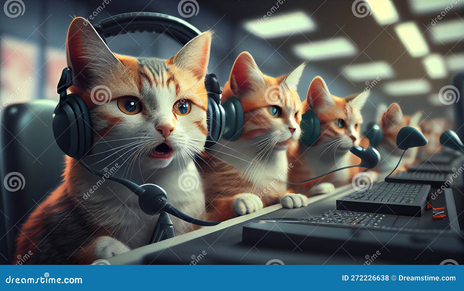 Group of Cats with Headphones. Customer Service. Generative Ai Stock