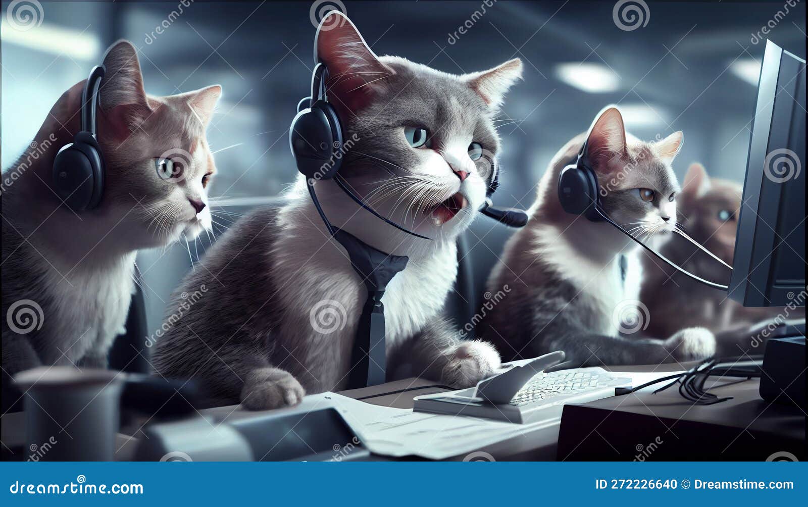 Group of Cats with Headphones. Customer Service. Generative Ai Stock