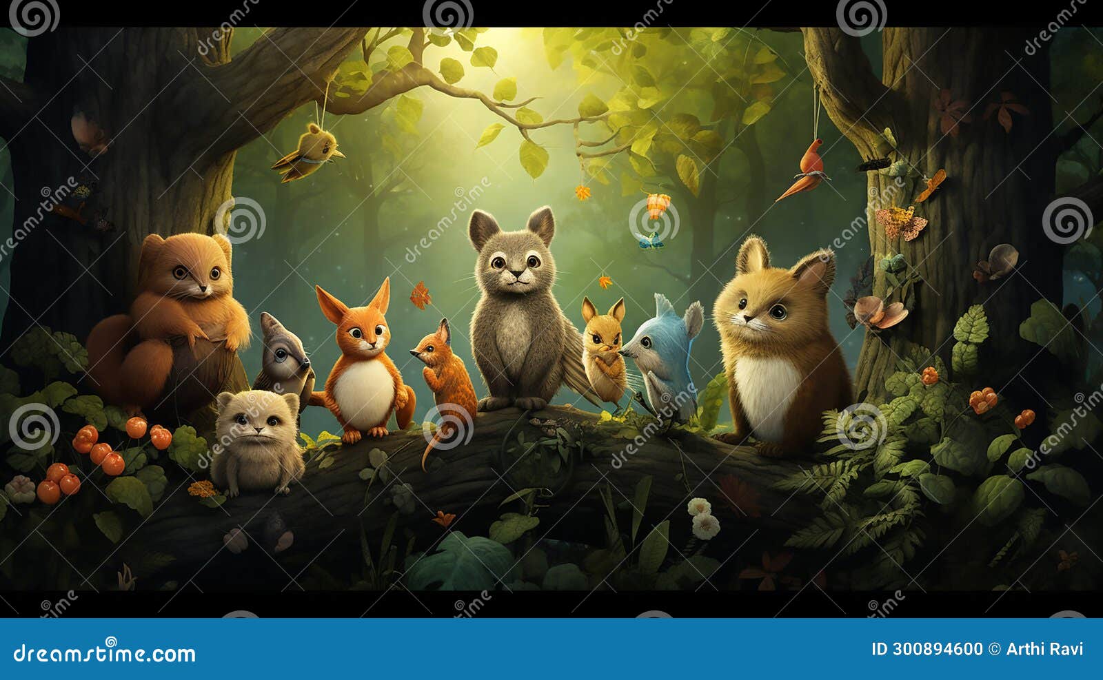a group of cheerful animals in a forest