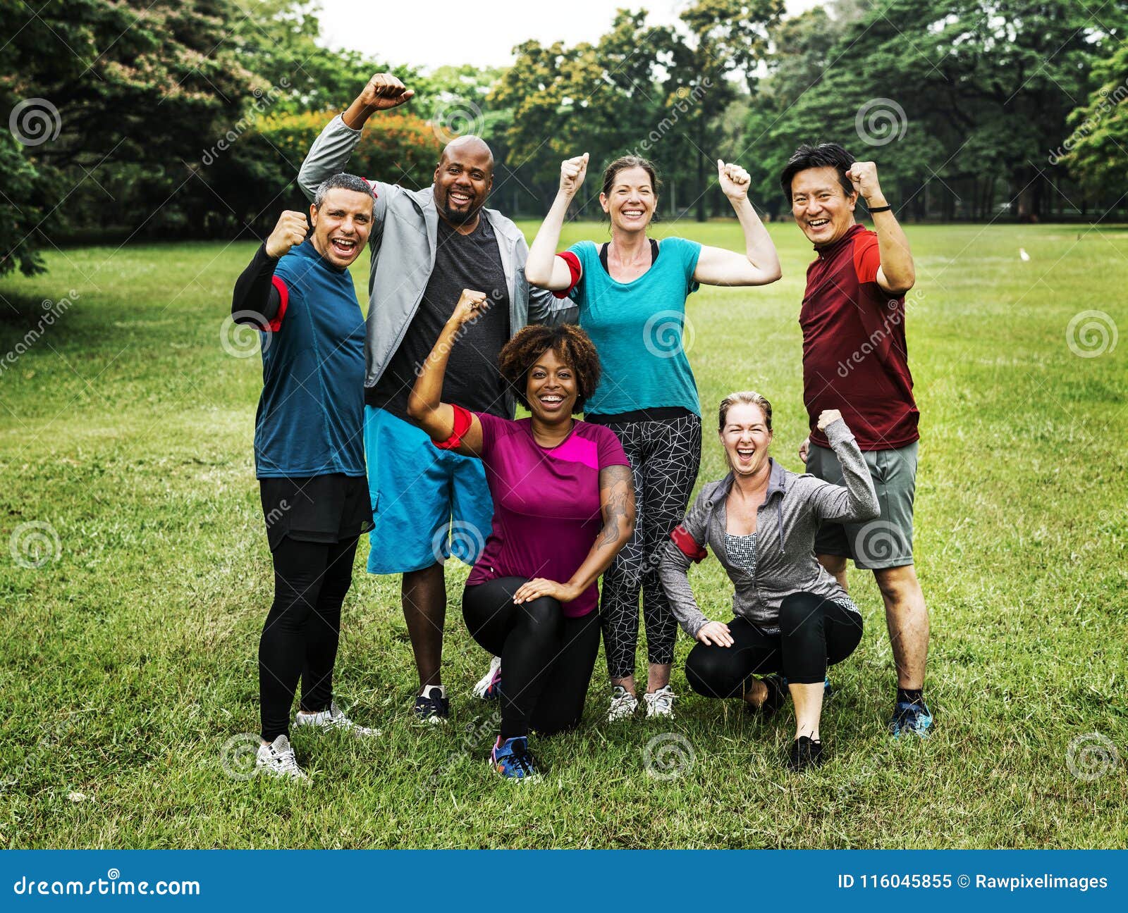 group of cheerful diverse friends in the park