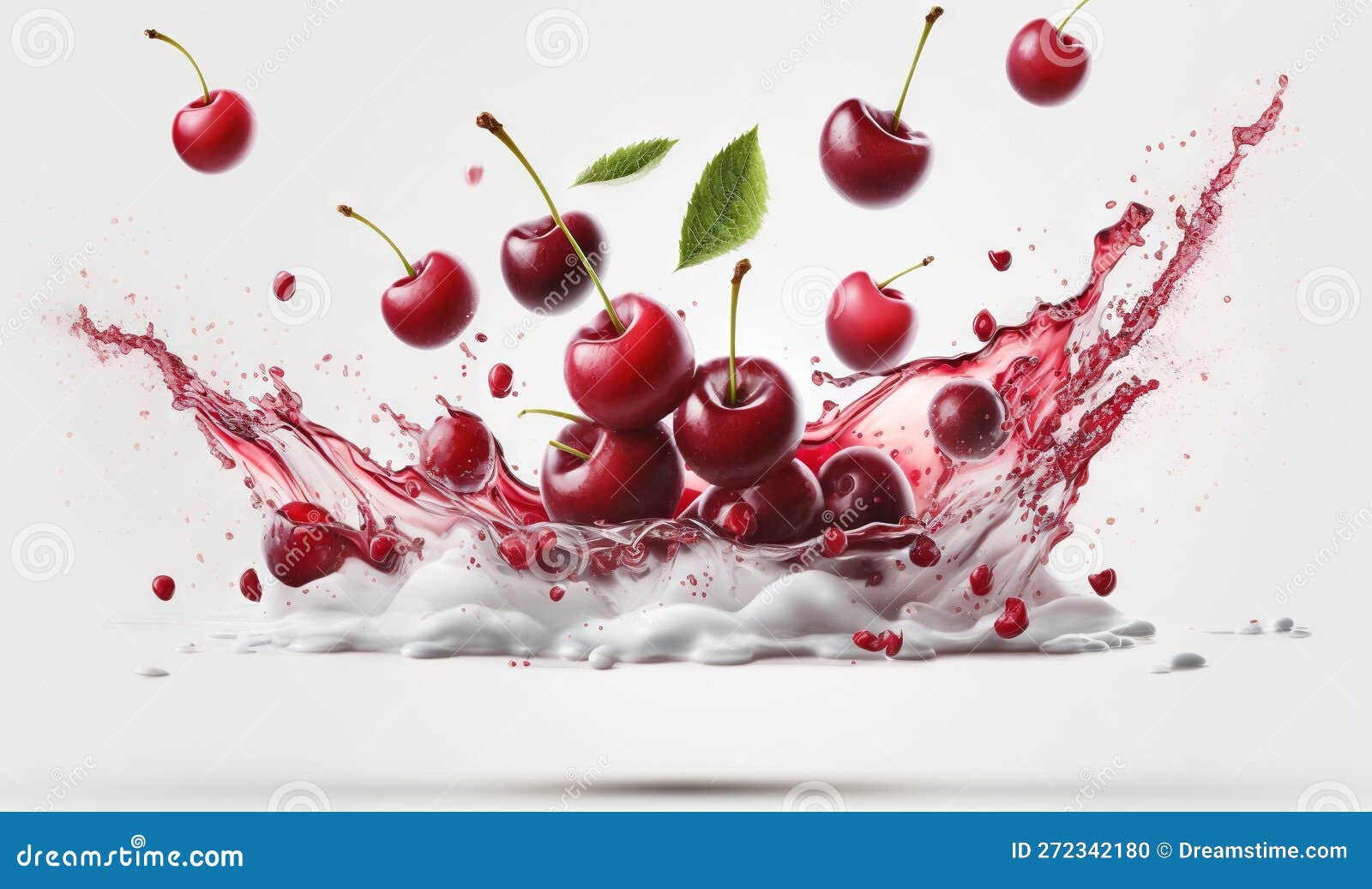 A Group of Cherries Splashing into a Milk Splash Stock Illustration