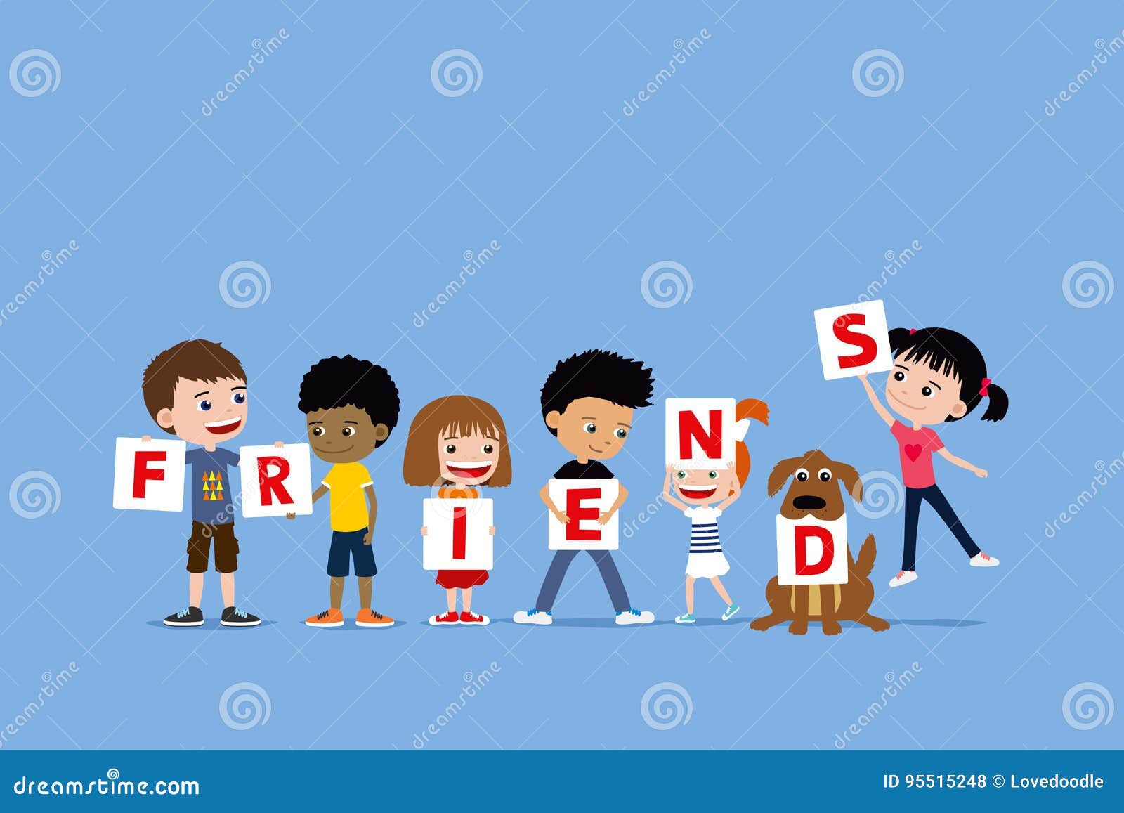 Group of Children and a Dog Holding Letters Saying Friends. Cute ...