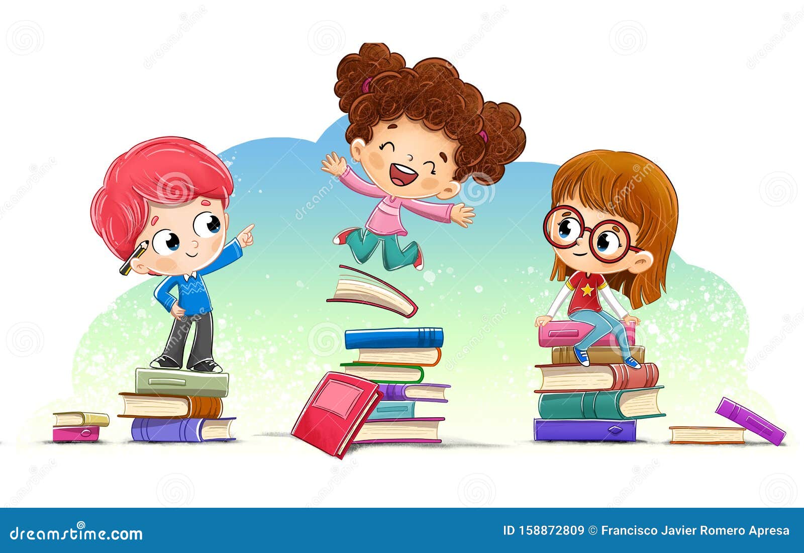 group of children with many books