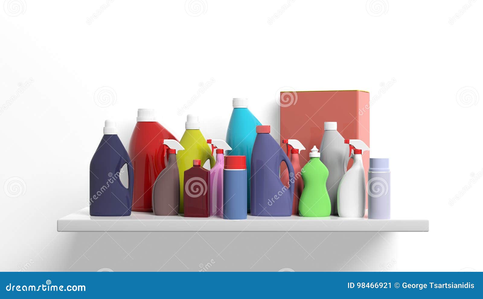 Group of Cleaning Products on a Shelf. 3d Illustration Stock
