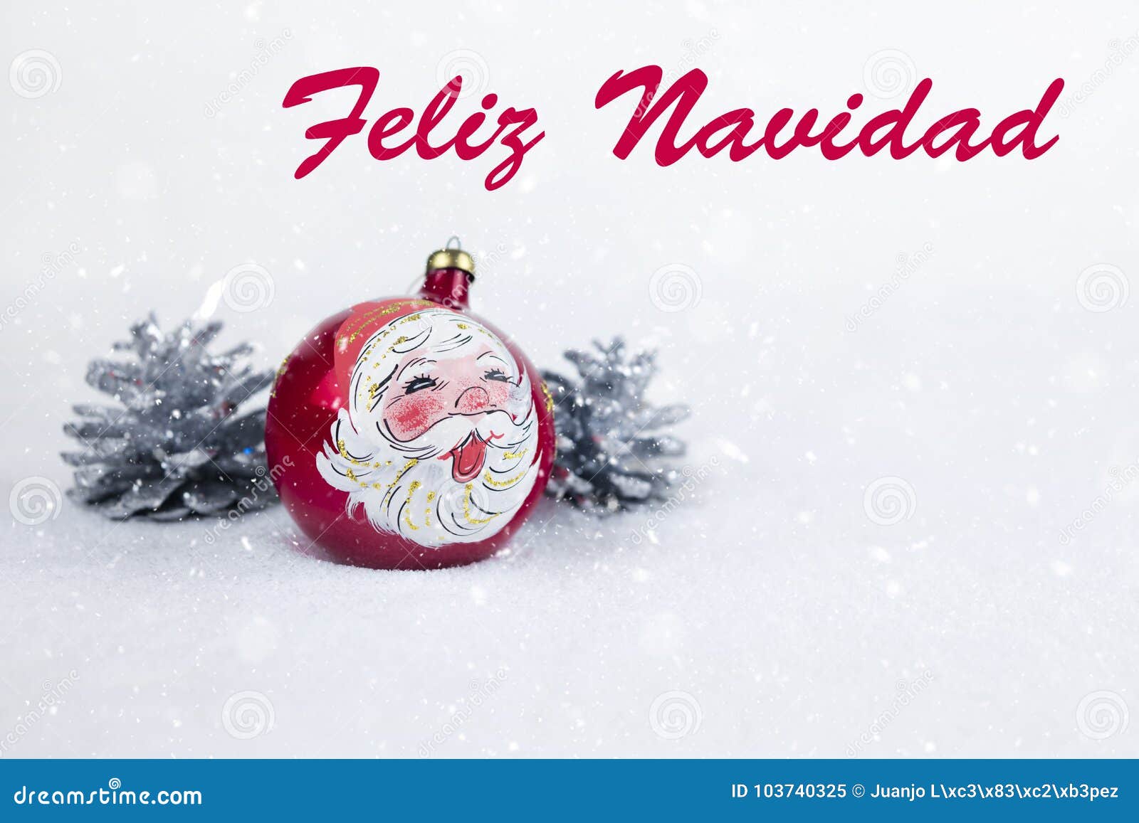 group of colorful christmas ball with drawing of santa claus and pines with text in spanish `feliz navidad`