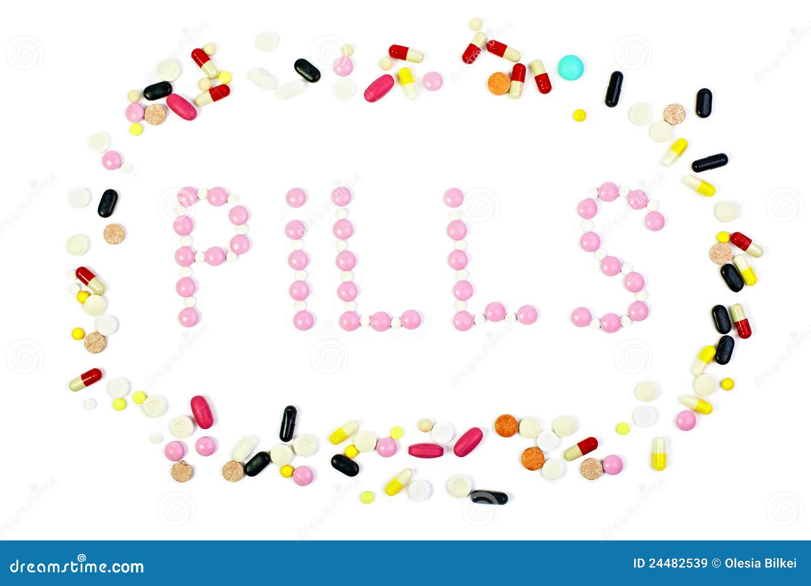 Group of Colorful Pills with Pills Word Isolated Stock Image Image of