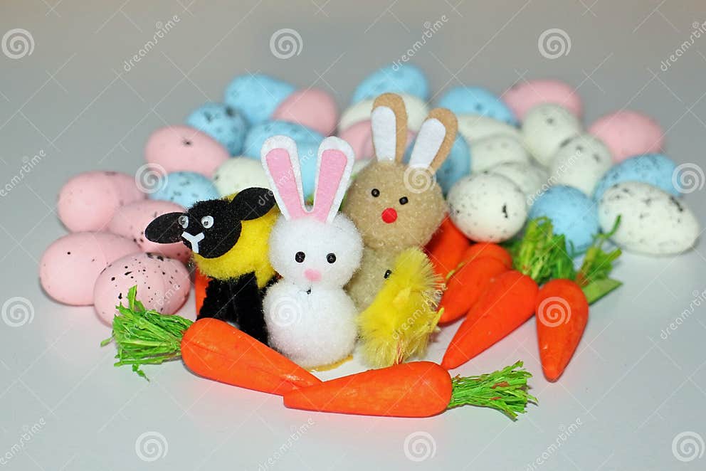 Easter Bunnies Lamb & Chick with Carrots and Eggs Stock Photo Image