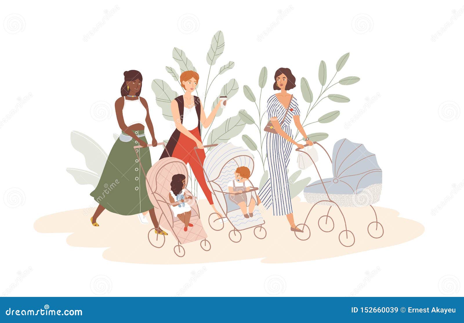 group of cute women with babies in prams and strollers. moms walking with their infant children. community of young
