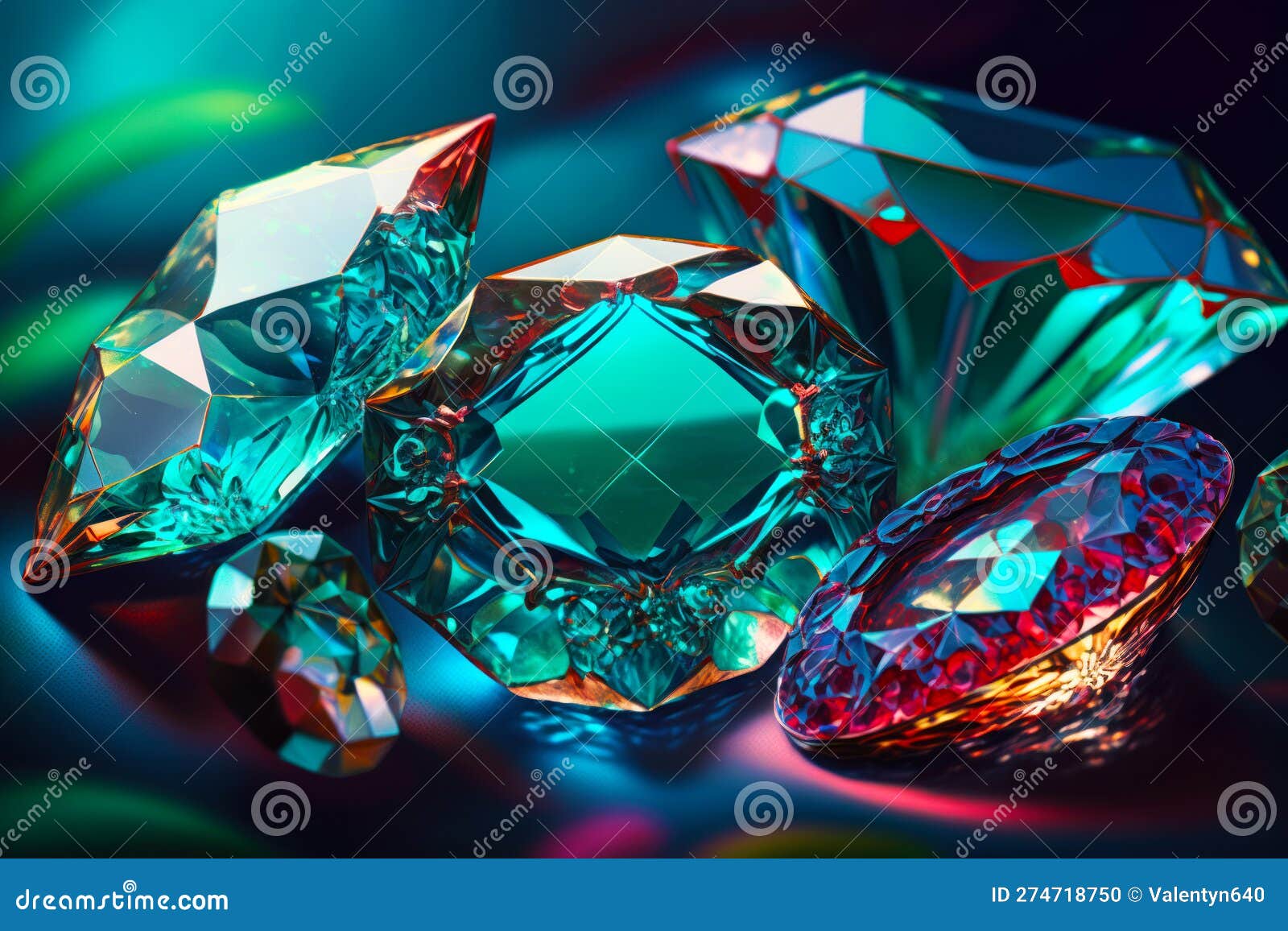 Group of Different Colored Diamonds Sitting on Top of Blue and Green