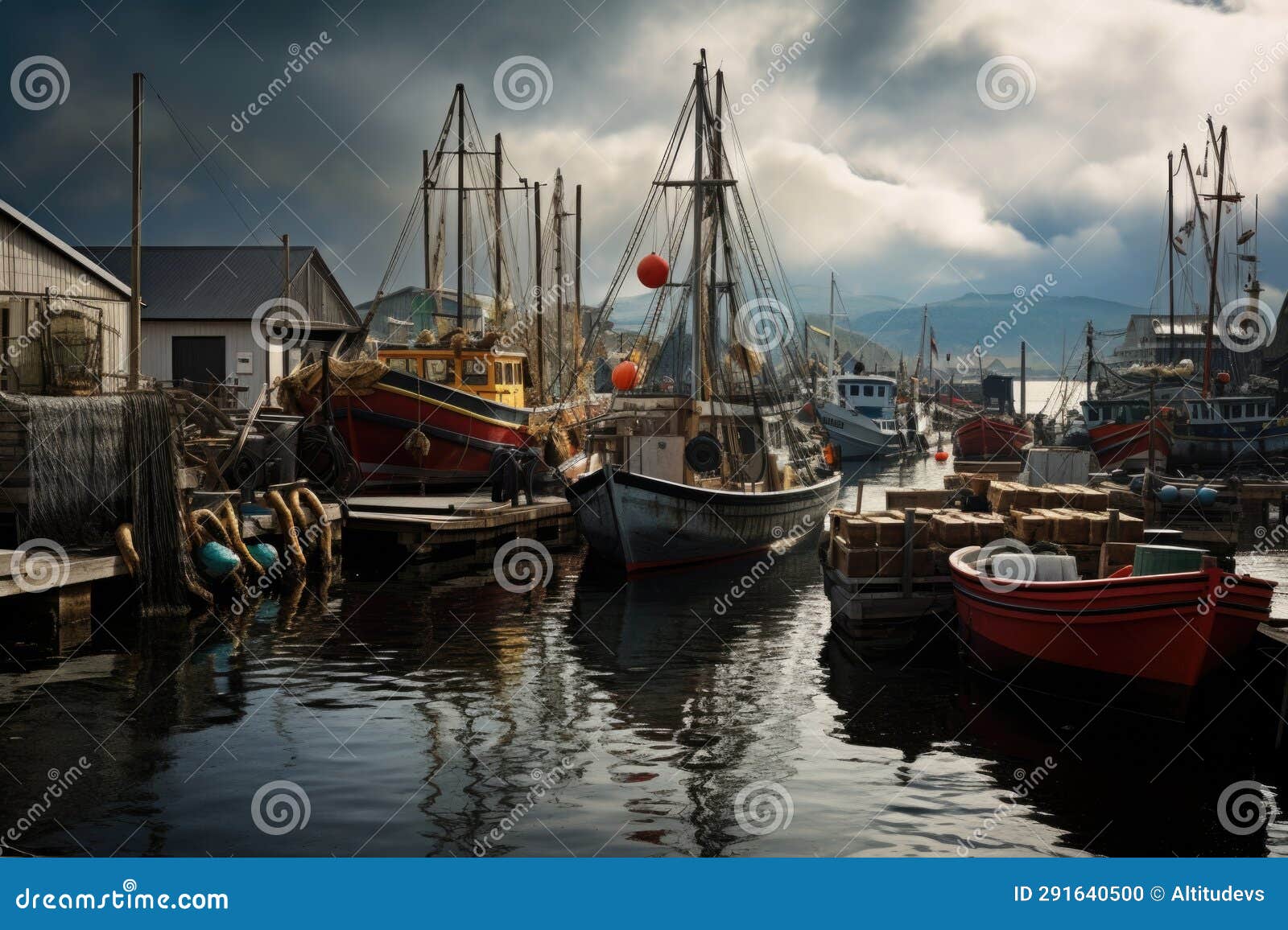 Group of Different Types of Boats Docked in a Harbor Stock Photo