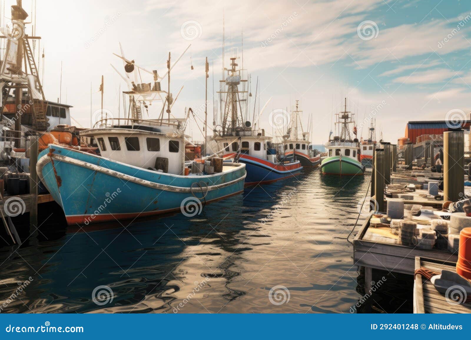 Group of Different Types of Boats Docked in a Harbor Stock Photo