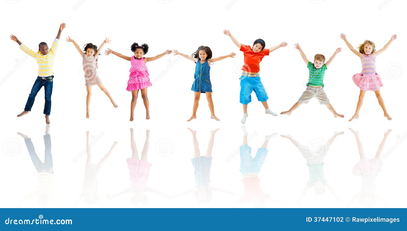 group of diverse children jumping