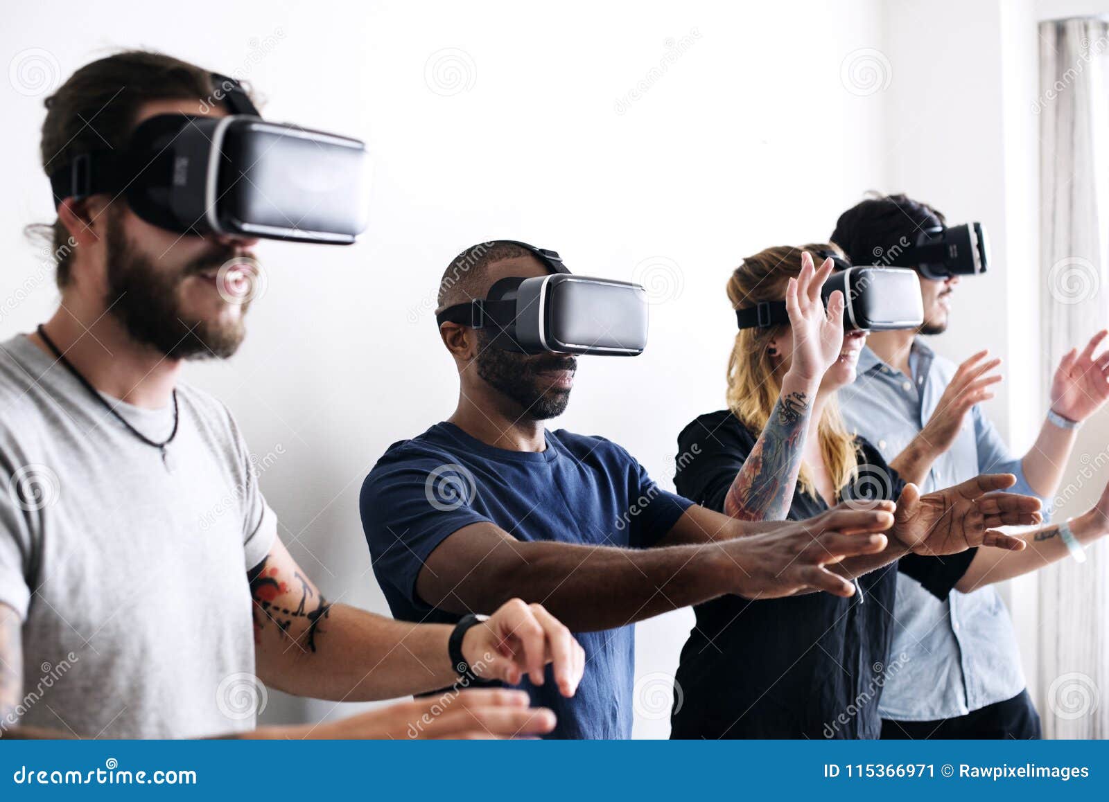 Group of Diverse Friends Experiencing Virtual Reality with VR Headset