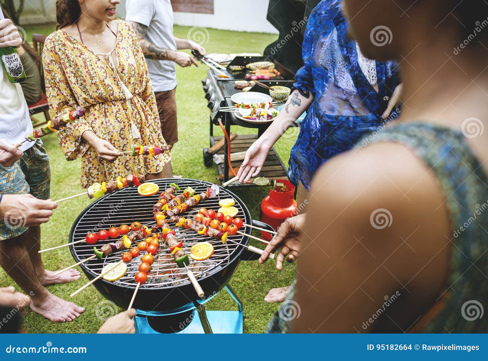 Group of Diverse Friends Grilling Barbecue Outdoors Stock Photo Image