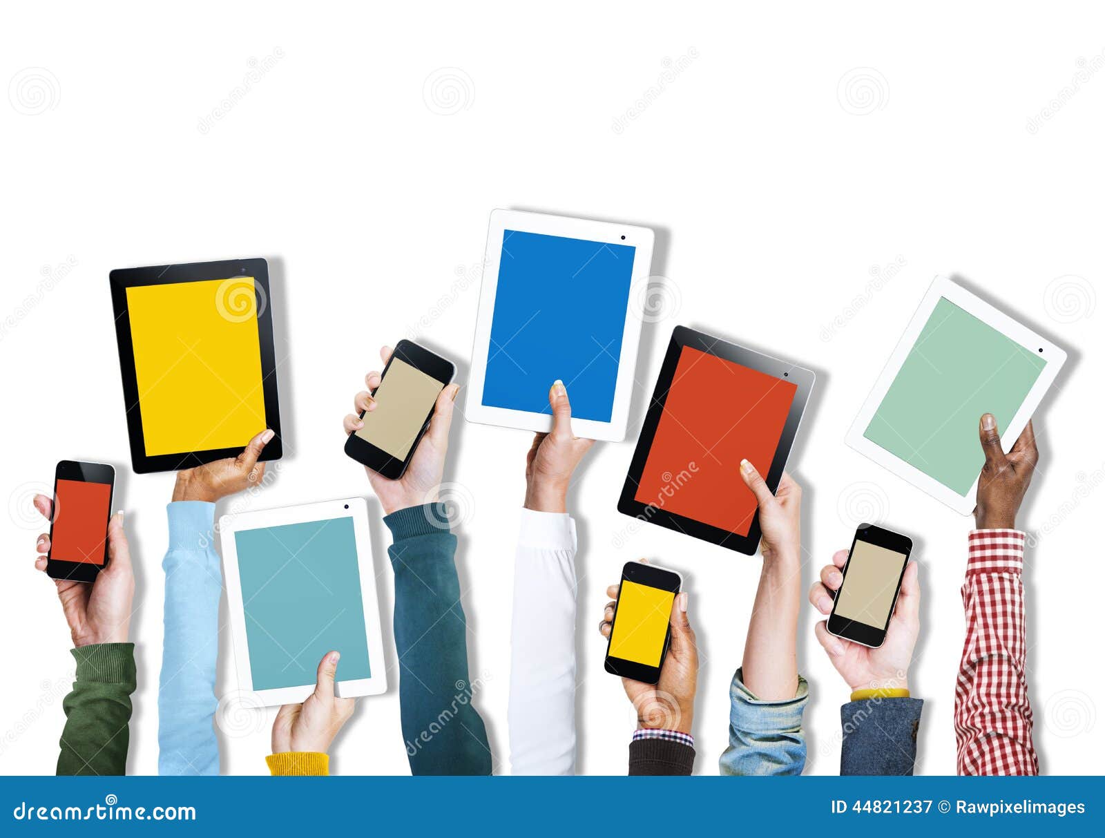 group of diverse hands holding digital devices