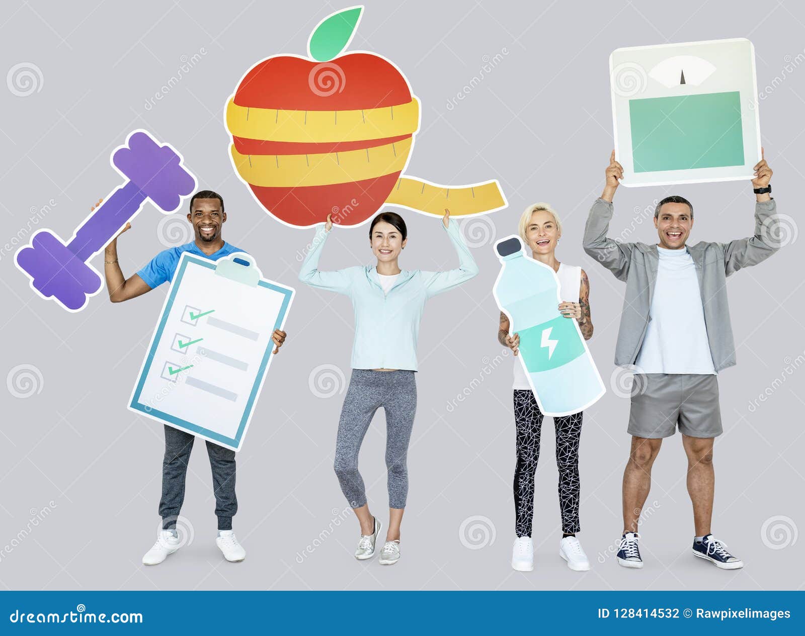 Group Of Diverse People Holding Health And Fitness Icons Stock