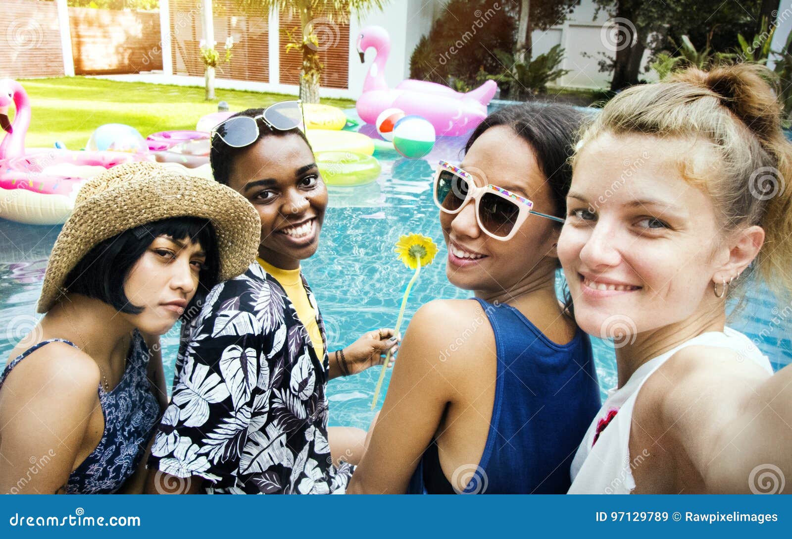 Group Of Diverse Women Taking Selfie By The Pool Stock Image Image Of 