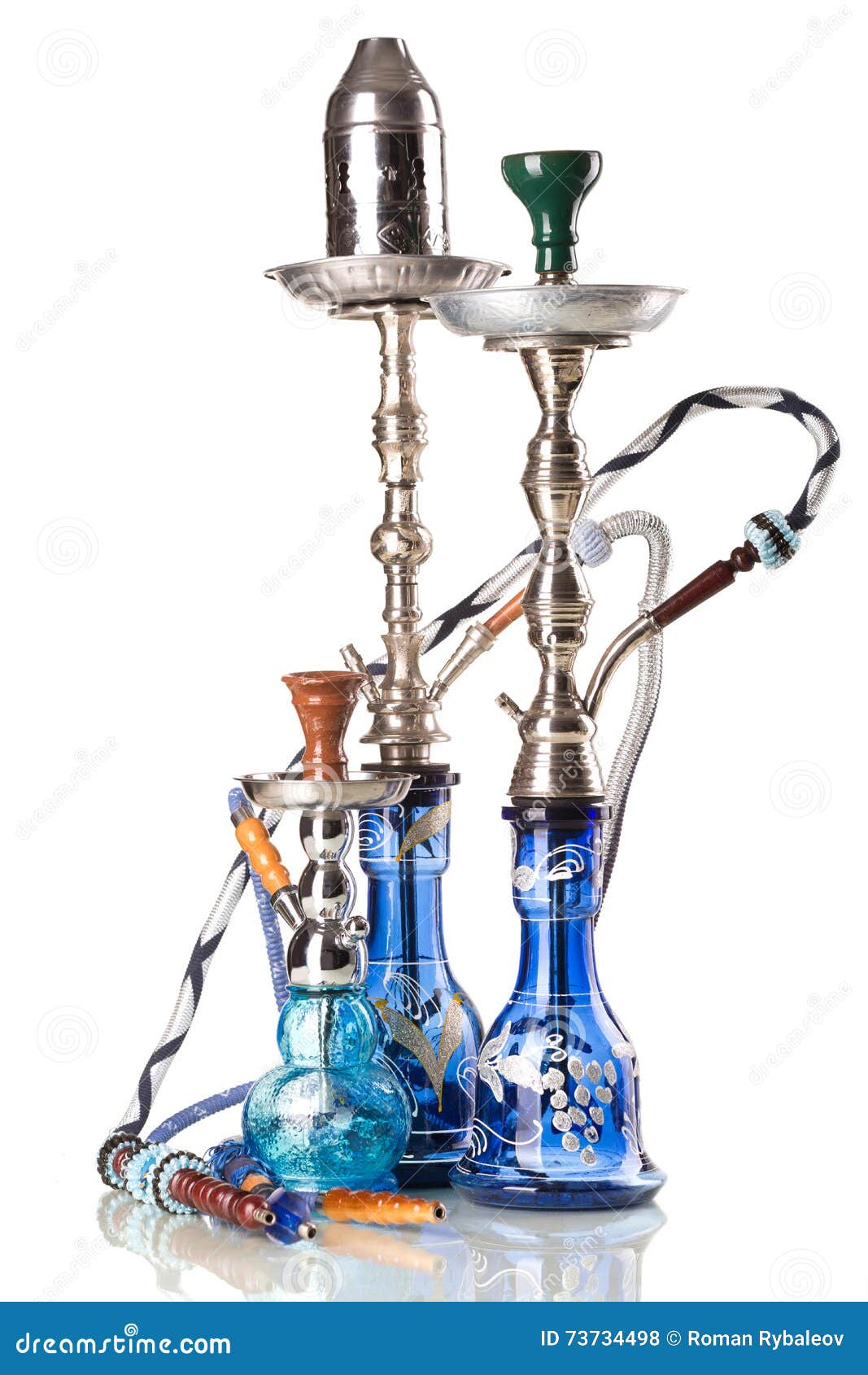 Group of Eastern Hookahs Isolated on White Background Stock Photo